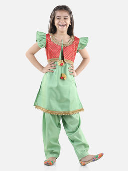 BownBee - Jacquard Jacket Silk Kurti Salwar Suit for Girls- Green
