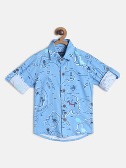 Tales & Stories - Boy Sky Blue Cotton Printed Regular Shirt