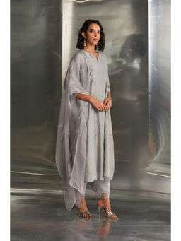 Charkhee - Steel Grey Side Gathered Kurta with Pant & Dupatta (Set of 3)