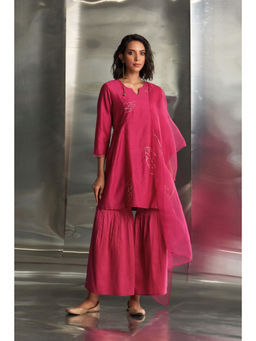 Charkhee - Pop Pink Chanderi Straight Kurta with Sharara & Dupatta (Set of 3)