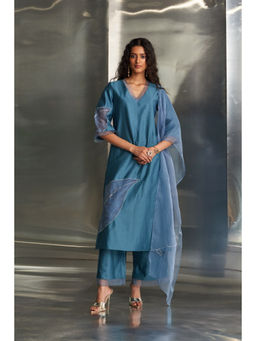 Charkhee - Steel Blue Chanderi Straight Kurta with Pant & Dupatta (Set of 3)