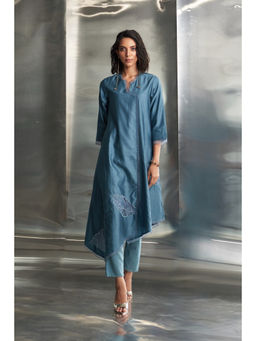Charkhee - Steel Blue Chanderi Asymmetrical Kurta with Pant & Dupatta (Set of 3)