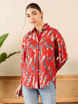 Uptownie - Printed Asymmetric Cotton Shirt - Red