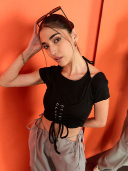 Uptownie - Stretchable Ribbed Halter Neck Eyelet Crop Top - Black