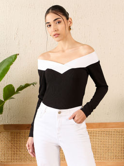 Uptownie - Colorblock Off-Shoulder Full Sleeves Top - Black