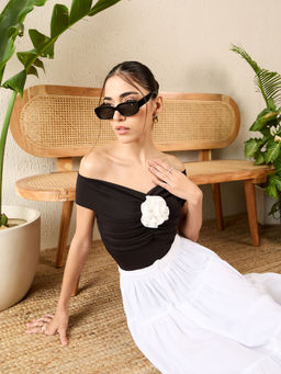 Uptownie - Off-Shoulder Rose Top - Black