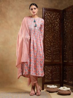 Bani Women - Peach Muslin Neck Embroidered Nyraa Cut Kurta and Pant with Dupatta (Set of 3)