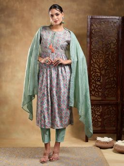 Bani Women - Green Muslin Neck Embroidered Nyraa Cut Kurta and Pant with Dupatta (Set of 3)