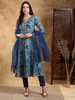 Bani Women - Blue Muslin Printed Nyraa Cut Kurta and Pant with Dupatta (Set of 3)