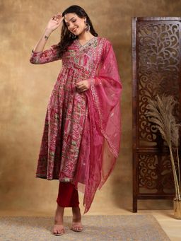 Bani Women - Pink Muslin Printed Nyraa Cut Kurta and Pant with Dupatta (Set of 3)