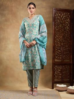 Bani Women - Green Muslin Embroidered Floral Print Kurta and Pant with Dupatta (Set of 3)