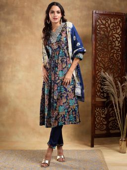 Bani Women - Blue Muslin Embroidered V Neck Kurta and Pant with Dupatta (Set of 3)