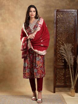 Bani Women - Maroon Muslin Embroidered V Neck Kurta and Pant with Dupatta (Set of 3)