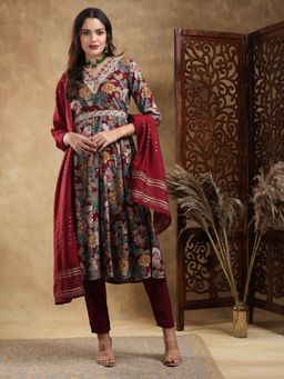 Bani Women - Maroon Muslin Embroidered V Neck Nyraa Kurta and Pant with Dupatta (Set of 3)