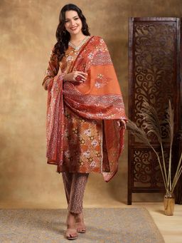 Bani Women - Mustard Muslin Printed V Neck Straight Kurta and Pant with Dupatta (Set of 3)