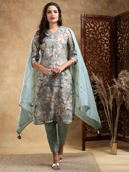 Bani Women - Blue Muslin Straight Three Fourth Sleeve Kurta and Pant with Dupatta (Set of 3)