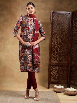 Bani Women - Maroon Muslin Floral Print Women Kurta and Pant with Dupatta (Set of 3)