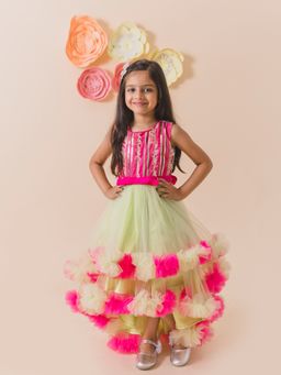 PSPeaches - Lime Green & Pink Embellished Net Maxi Dress