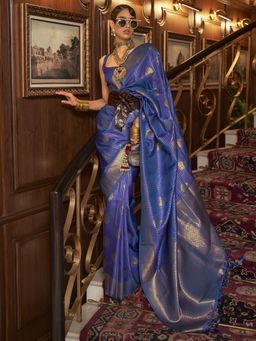 Akhilam - Womens Silk Blend Navy Blue Woven Designer Saree with Unstitched Blouse