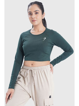 FUAARK - Women Green Slim Fit Solid Crop T-Shirt