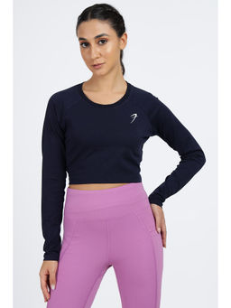 FUAARK - Women Navy Blue Slim Fit Solid Crop T-Shirt