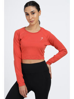 FUAARK - Women Orange Slim Fit Solid Crop T-Shirt