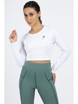 FUAARK - Women White Slim Fit Solid Crop T-Shirt