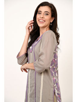 Naina Arunima - Grey Pure Cotton Floral Block Printed Kurta (Set of 3)