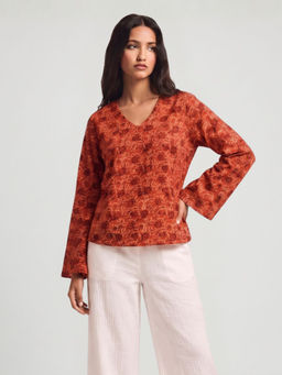 NISHORAMA - Yukta Rust Floral Print Bell Sleeved Top