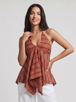 NISHORAMA - Gunika Red Ethnic Print Asymmetric Halterneck Top