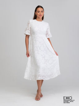 EKKO - White Flared Short Balloon Sleeve Midi Dress