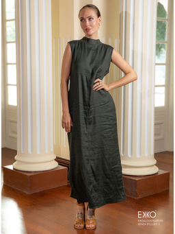 EKKO - Dark Green Linen Blend Relaxed Fit Straight Cut Side Slit Maxi Dress