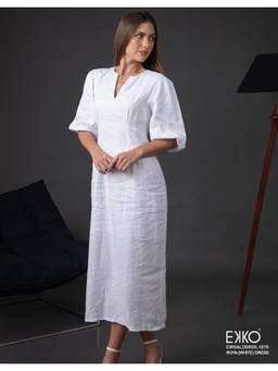 EKKO - White Linen Relaxed Fit Grown Sleeve Pleat Detail Maxi Dress