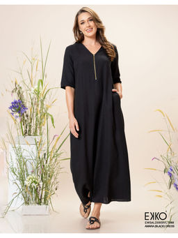 EKKO - Black Linen Blend Relaxed Fit V-Neckline Zipper Detail Maxi Dress