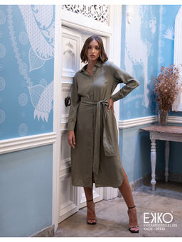EKKO - Dark Green Linen Blend Relaxed Fit Slit Detail Midi Dress