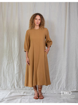 EKKO - Brown Linen Blend Relaxed Fit Raglan Sleeve Midi Shift Dress