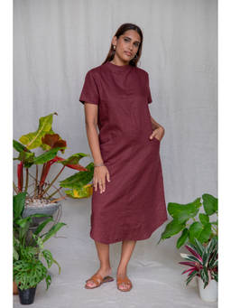 EKKO - Maroon Linen Blend Relaxed Fit Seam Detail High Neck Midi Dress