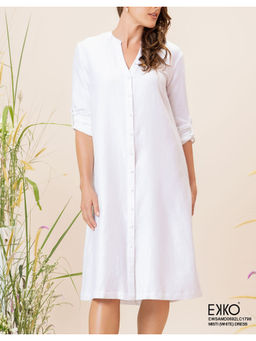 EKKO - White Linen Blend Relaxed Fit Turn-Up Sleeve Shirt Dress