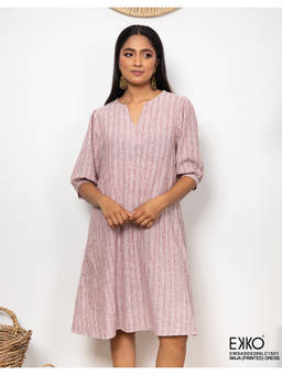 EKKO - Pink Linen Blend Relaxed Fit Puffed Sleeve Dress
