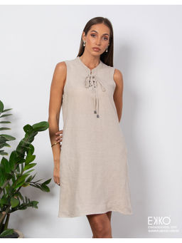 EKKO - Beige Linen Relaxed Fit Criss Cross Detail Mini Dress