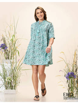 EKKO - Turquoise Linen Blend Relaxed Fit Smoked Detail Mini Dress