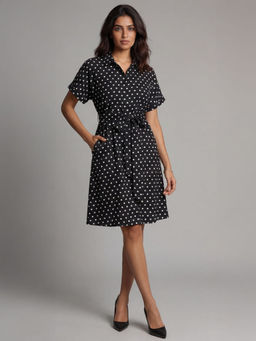 Exude - Midnight Polka Dots Collared Dress with Belt