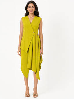 Exude - Women Lime Green Draped Midi Dress