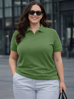 JUNEBERRY - Women's Green Solid Plus Size Polo T-shirt