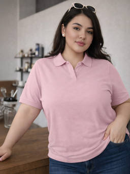 JUNEBERRY - Women's Pink Solid Plus Size Polo T-shirt