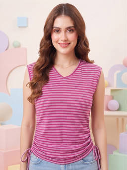 JAKANARY - Pink Women Striped V-Neck Bio Finish Top