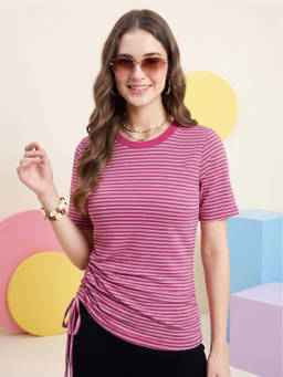 JAKANARY - Pink Women Striped Round Neck Bio Finish Top