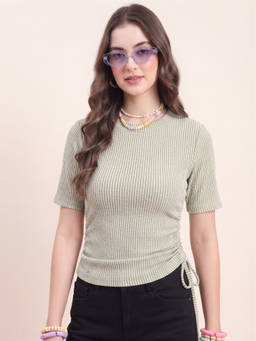 JAKANARY - Green Women Striped Round Neck Bio Finish Top