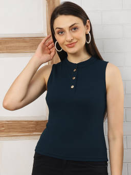 JAKANARY - Navy Blue Women Mandarin Collar Top