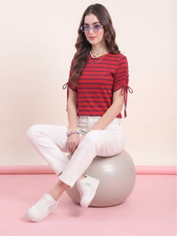 JAKANARY - Red Women Striped Round Neck Bio Finish Top